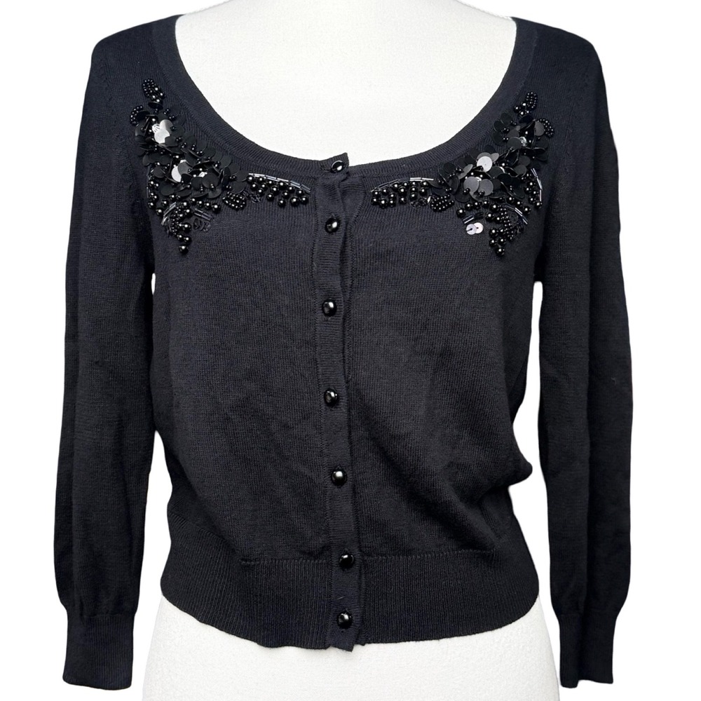 Black Beaded Sequin Cardigan Sweater Cropped Button Front Womens M